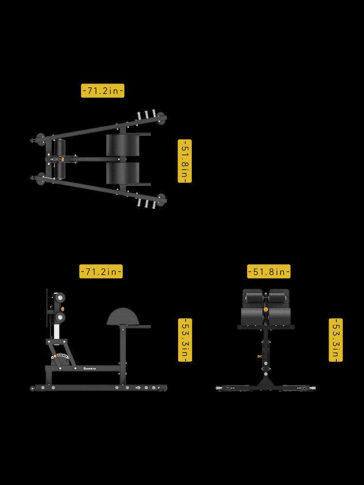 DDH032 Glute Ham Developer dimensions – 71.2" L x 51.8" W x 53.3" H.