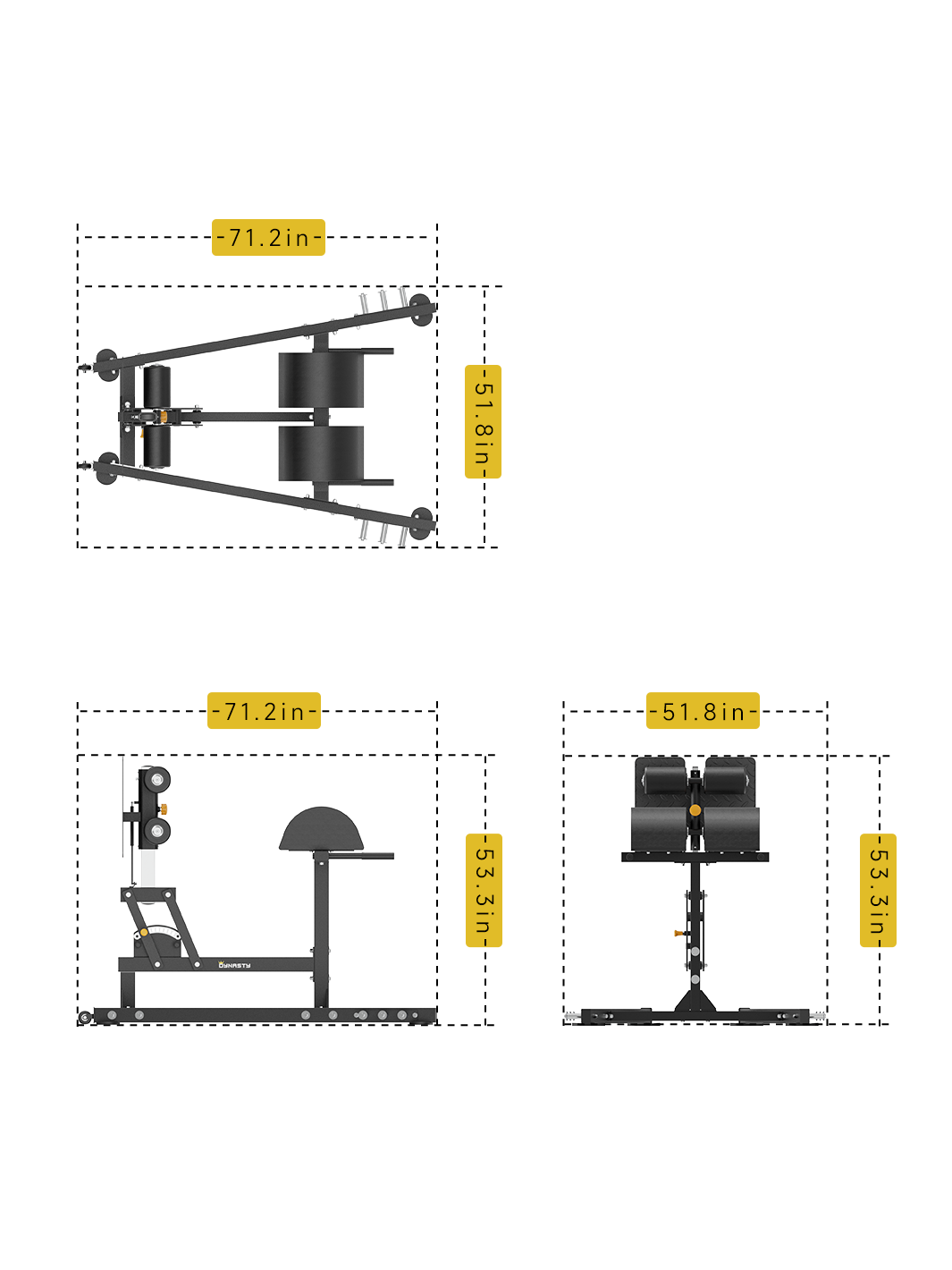 DDH032 Glute Ham Developer dimensions – 71.2" L x 51.8" W x 53.3" H.