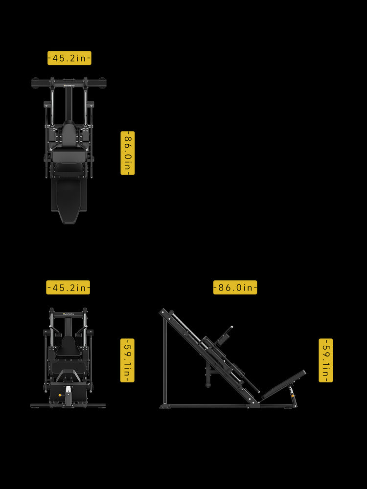 DDR003 Leg Press/Hack Squat dimensions – 86" L x 45.2" W x 59.1" H.