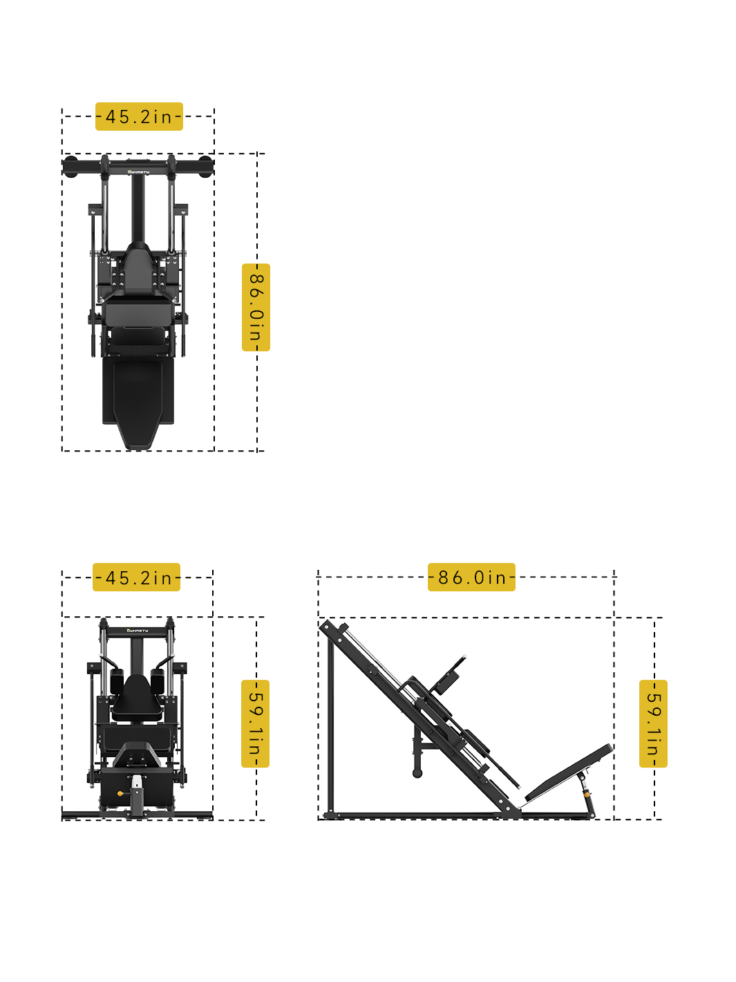 DDR003 Leg Press/Hack Squat dimensions â€“ 86" L x 45.2" W x 59.1" H.
