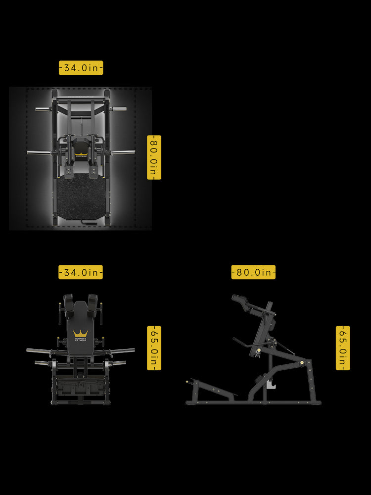 DPB311 V Squat Machine dimensions – 80" L x 34" W x 65" H.