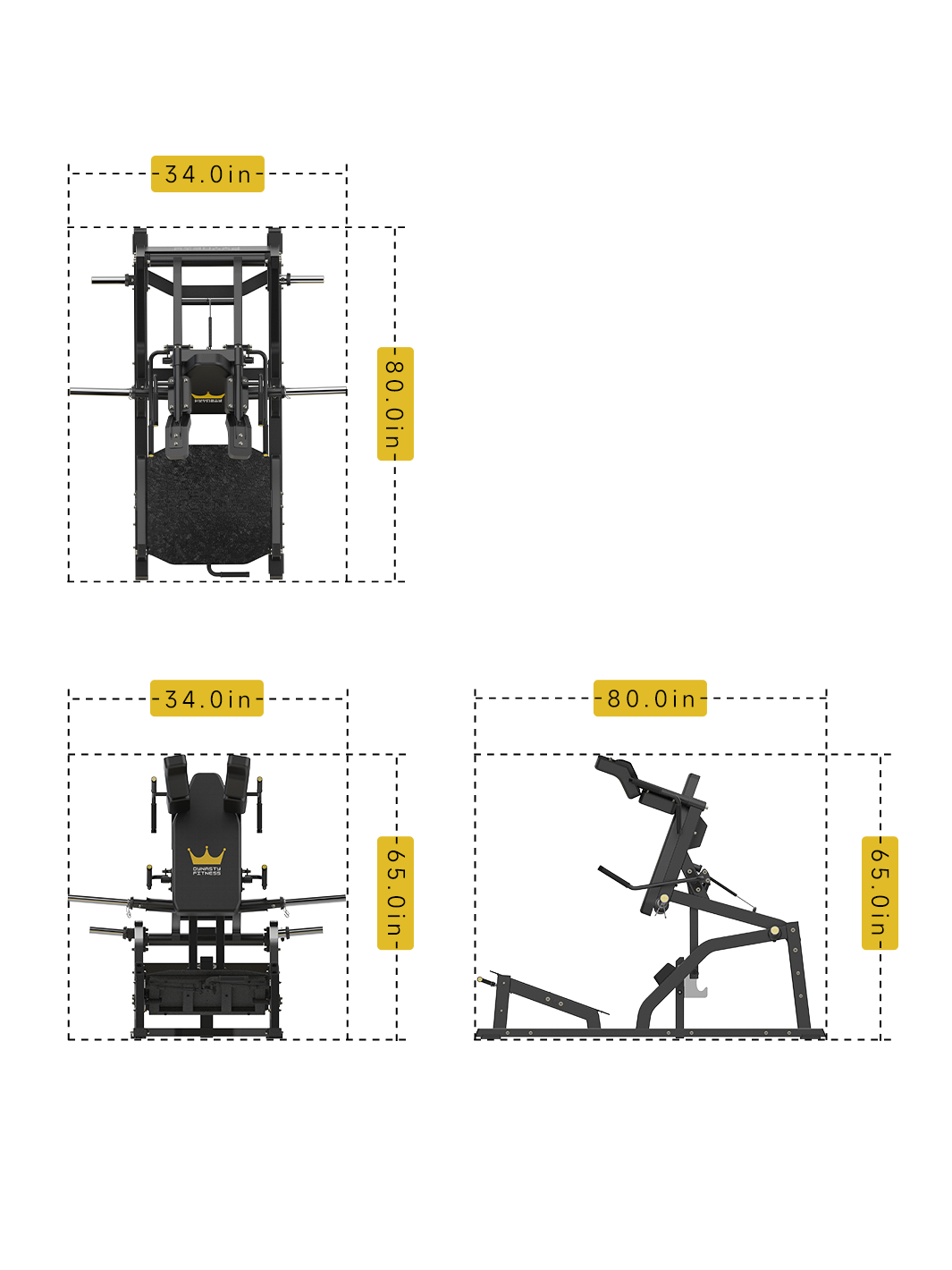 DPB311 V Squat Machine dimensions – 80" L x 34" W x 65" H.
