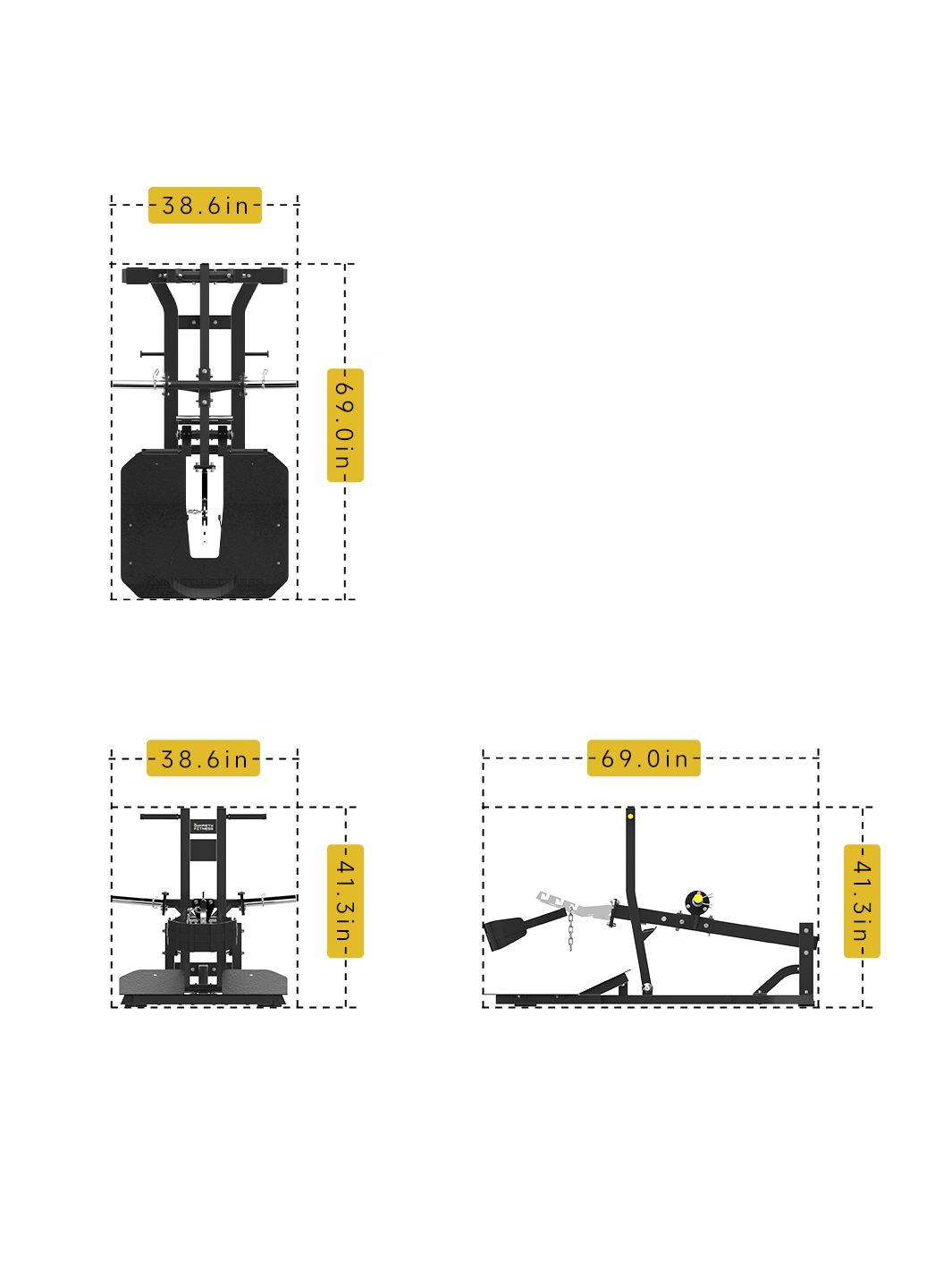 DPB312 Belt Squat Machine dimensions â€“ 69" L x 38.6" W x 41.3" H.