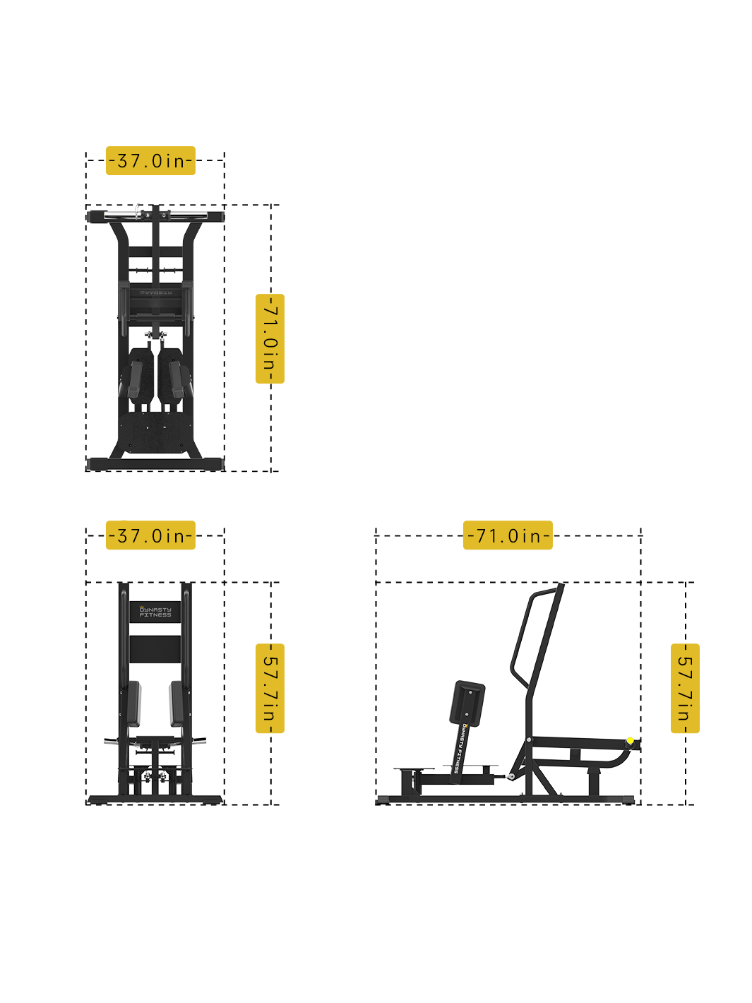 Dynasty Standing Abductor dimensions: top, front, and side views with labeled measurements.