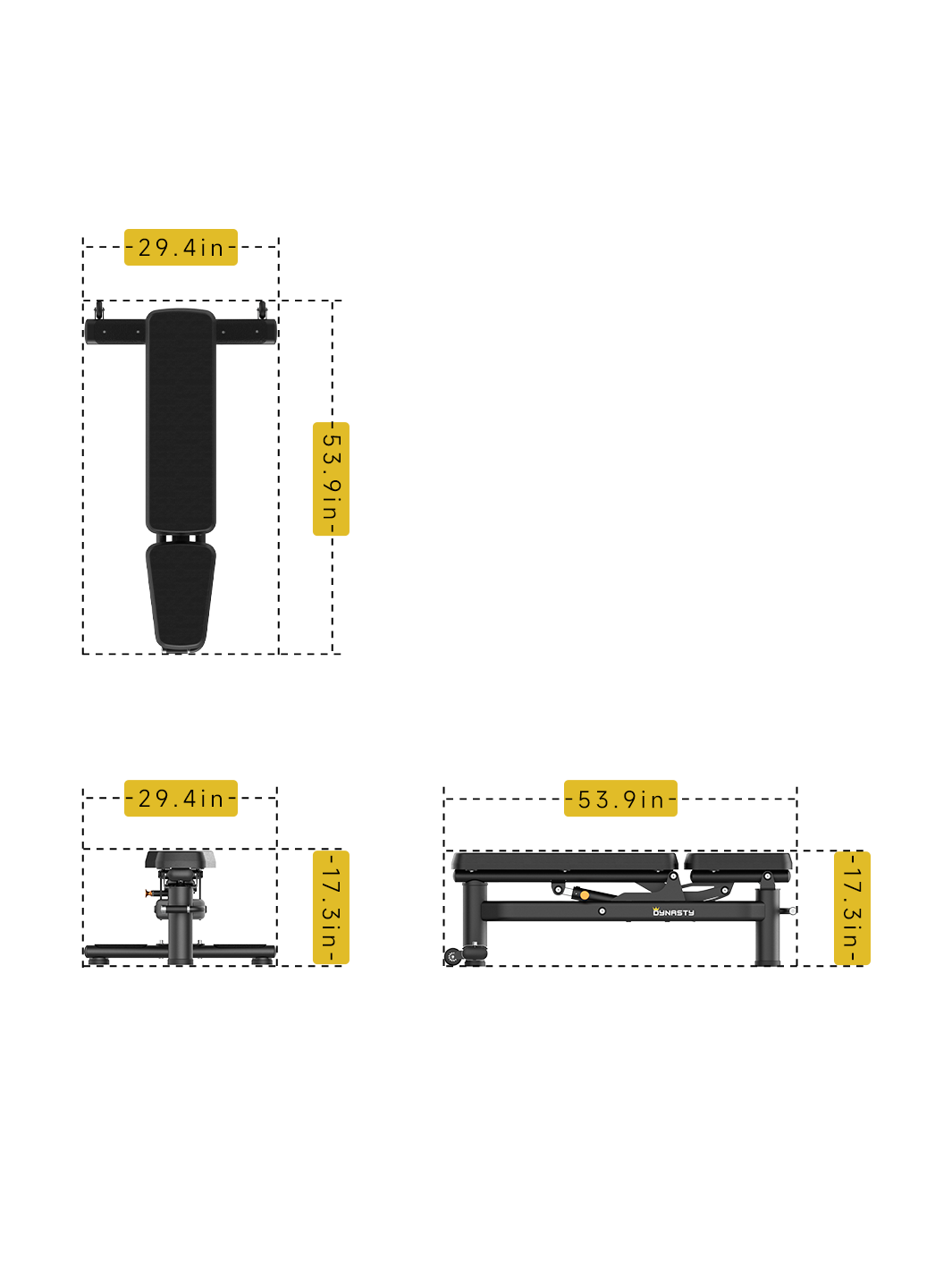 DRE6016 Adjustable Workout Bench dimensions â€“ 53.9" L x 29.4" W x 17.3" H.