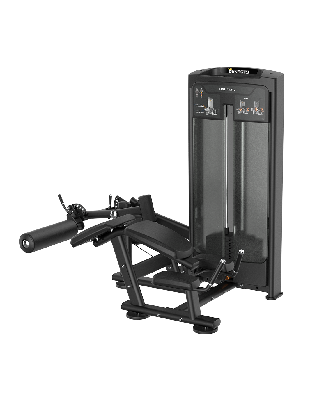 Dynasty Prone Leg Curl machine, black, angled view with adjustable arm.