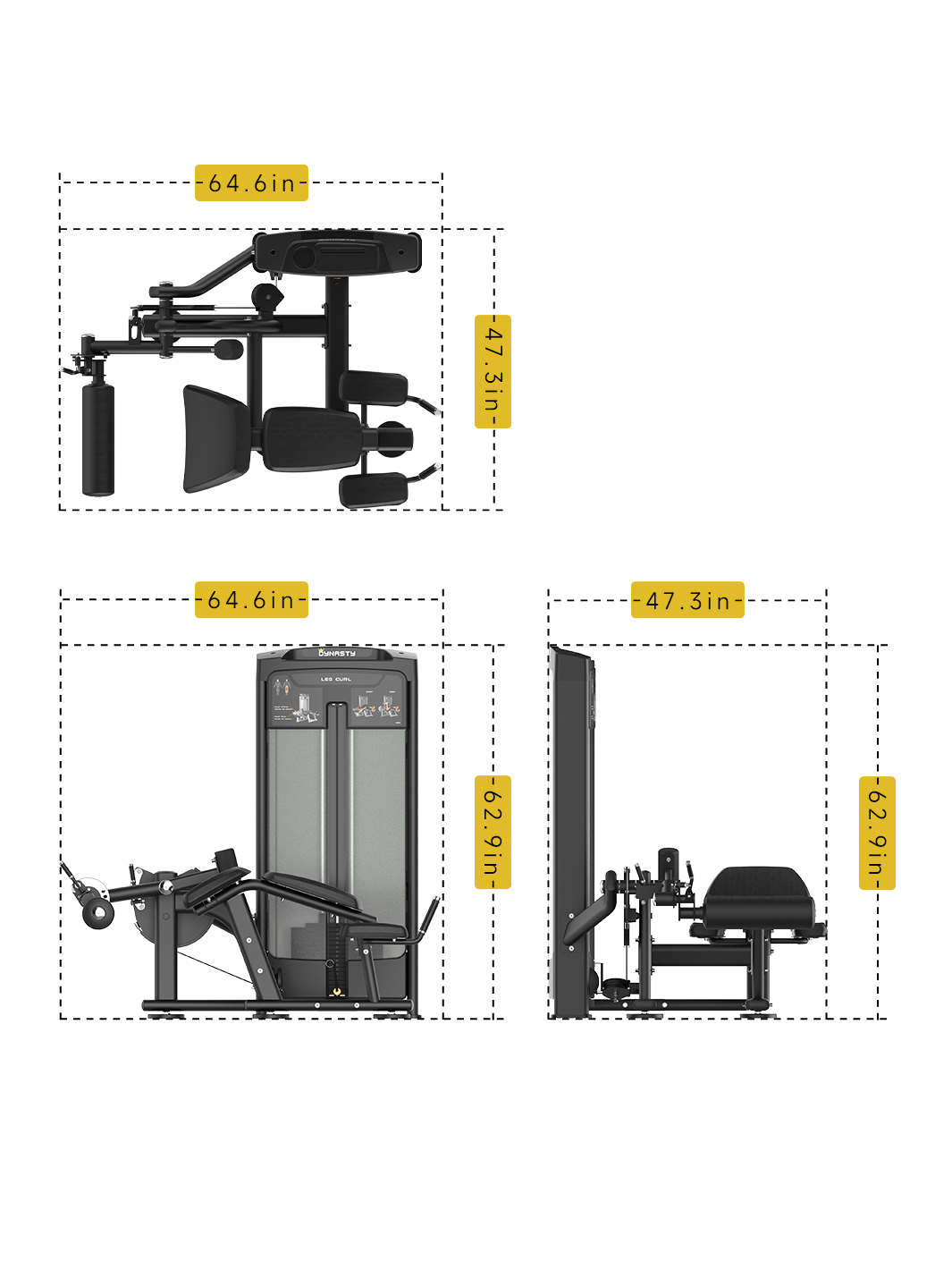 Dynasty Prone Leg Curl dimensions: top, front, side views with labeled measurements.