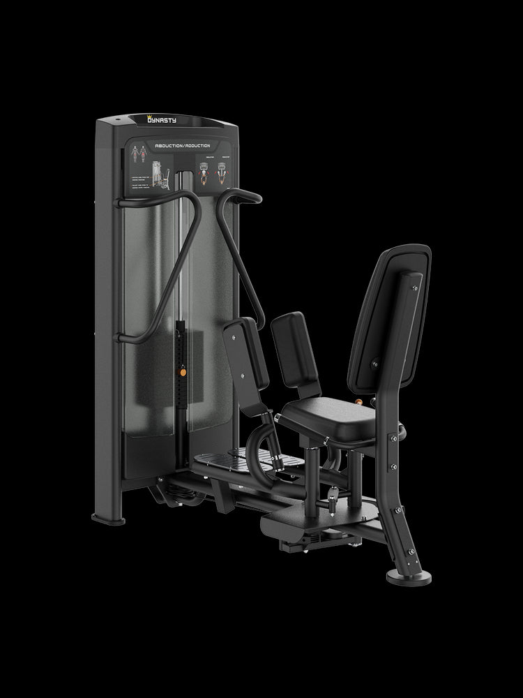 Dynasty Hip Abductor Adductor machine, black, with adjustable leg pads, front view