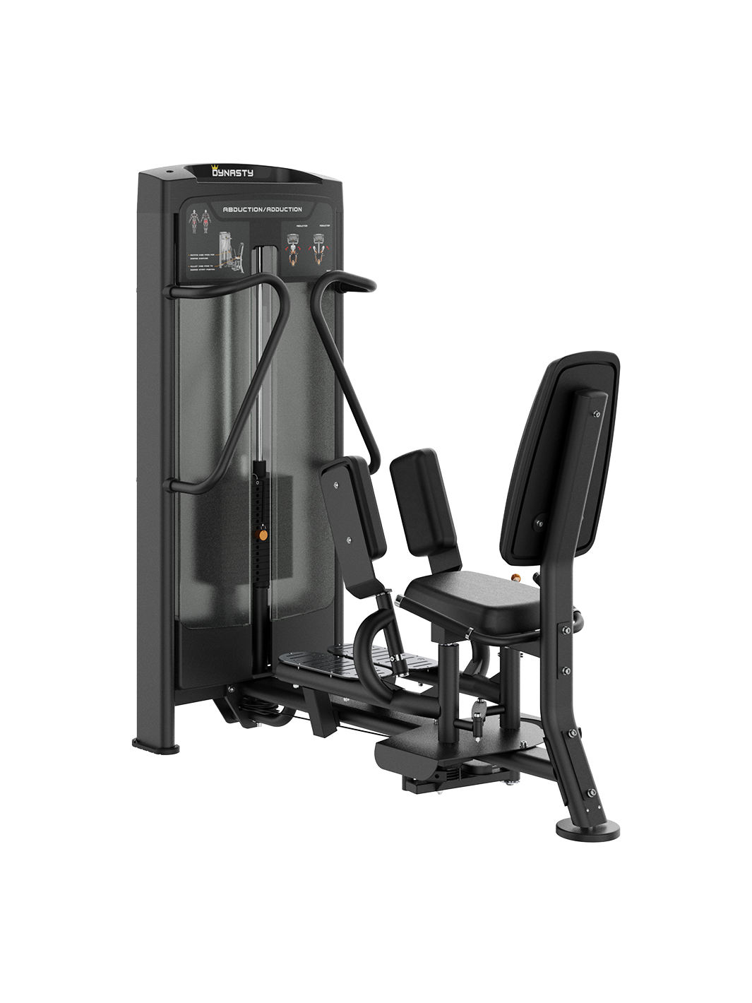Dynasty Hip Abductor Adductor machine, black, with adjustable leg pads, front view