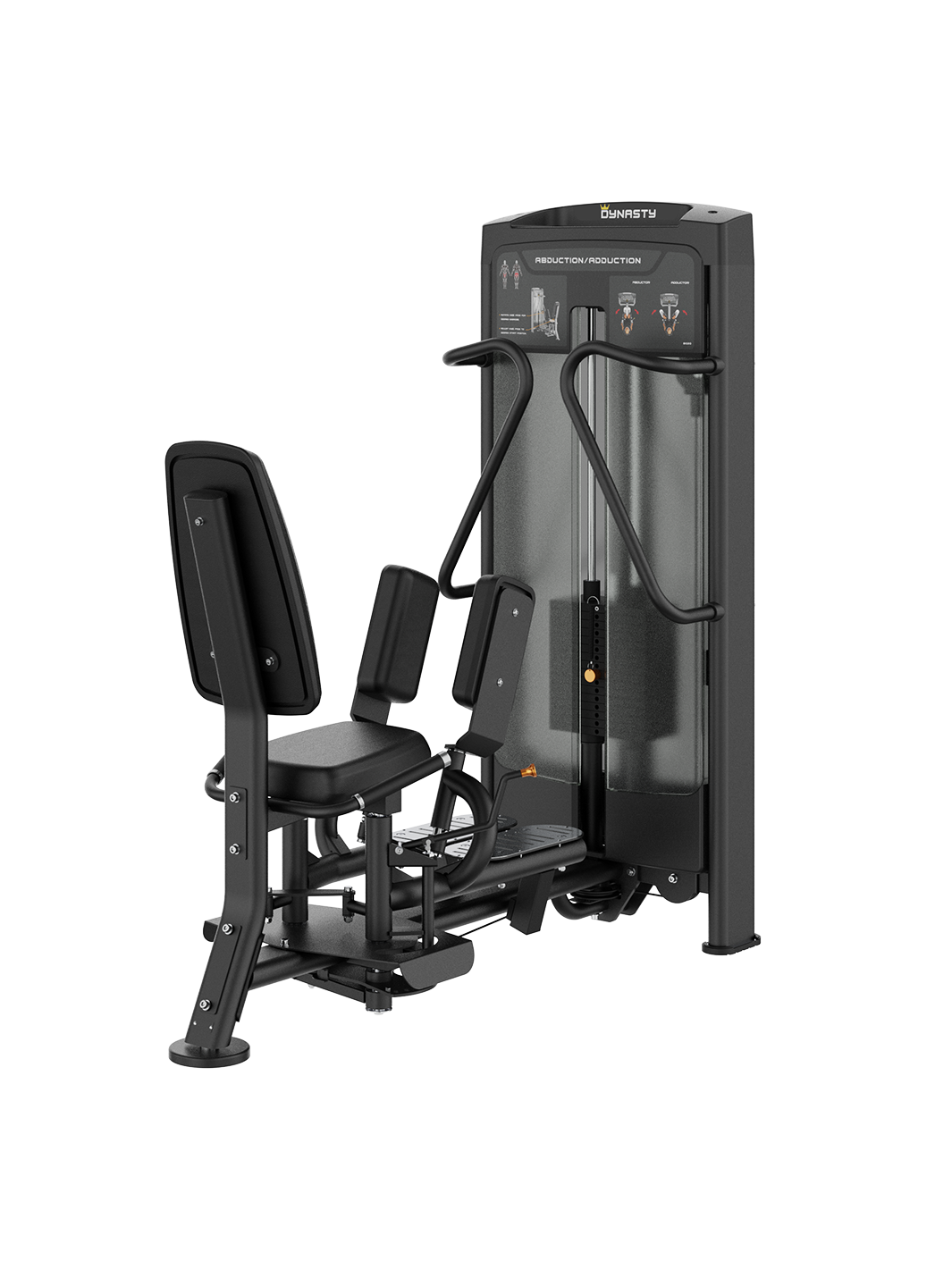 Dynasty Hip Abductor Adductor machine, black, with handles, adjustable pads, side view.
