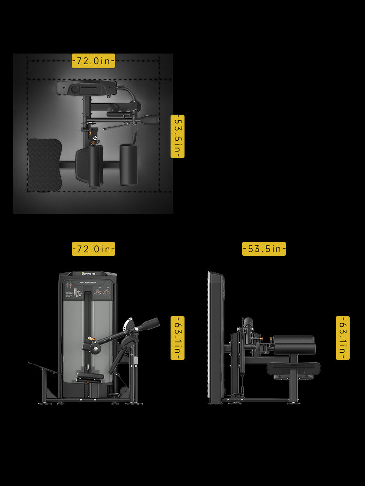 Dynasty Glute Drive dimensions: top, front, and side views with labeled measurements.