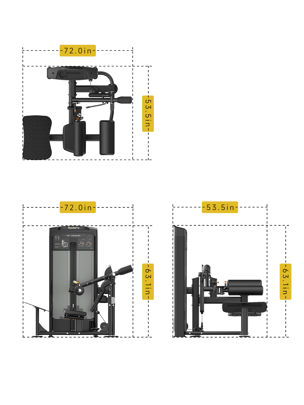 Dynasty Glute Drive dimensions: top, front, and side views with labeled measurements.
