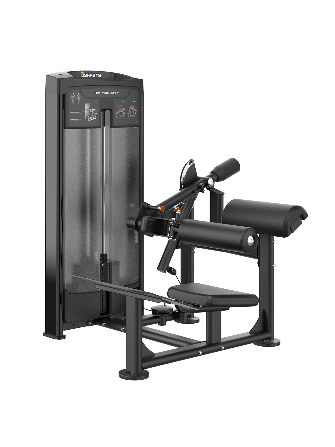 Dynasty Glute Drive machine, black, with adjustable arm and padded seat, front view.