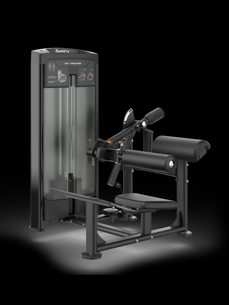 Dynasty Glute Drive machine, black, with adjustable arm and padded seat, front view.