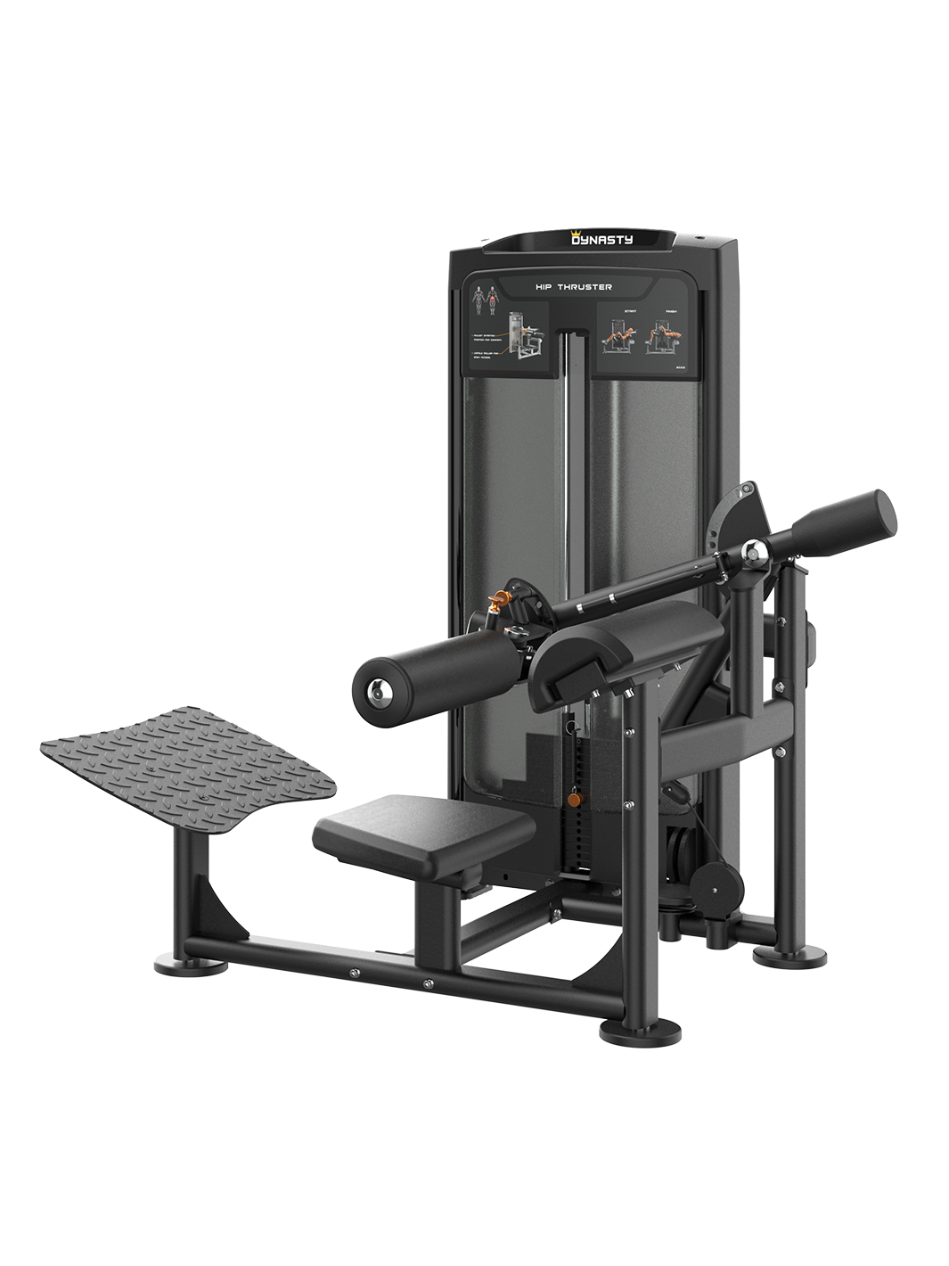 Dynasty Glute Drive with textured footplate, adjustable arm, black padded seat, front.
