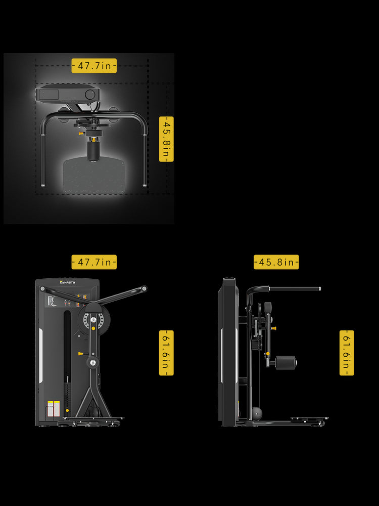 Dynasty Multi Hip dimensions: top, front, and side views with labeled measurements.