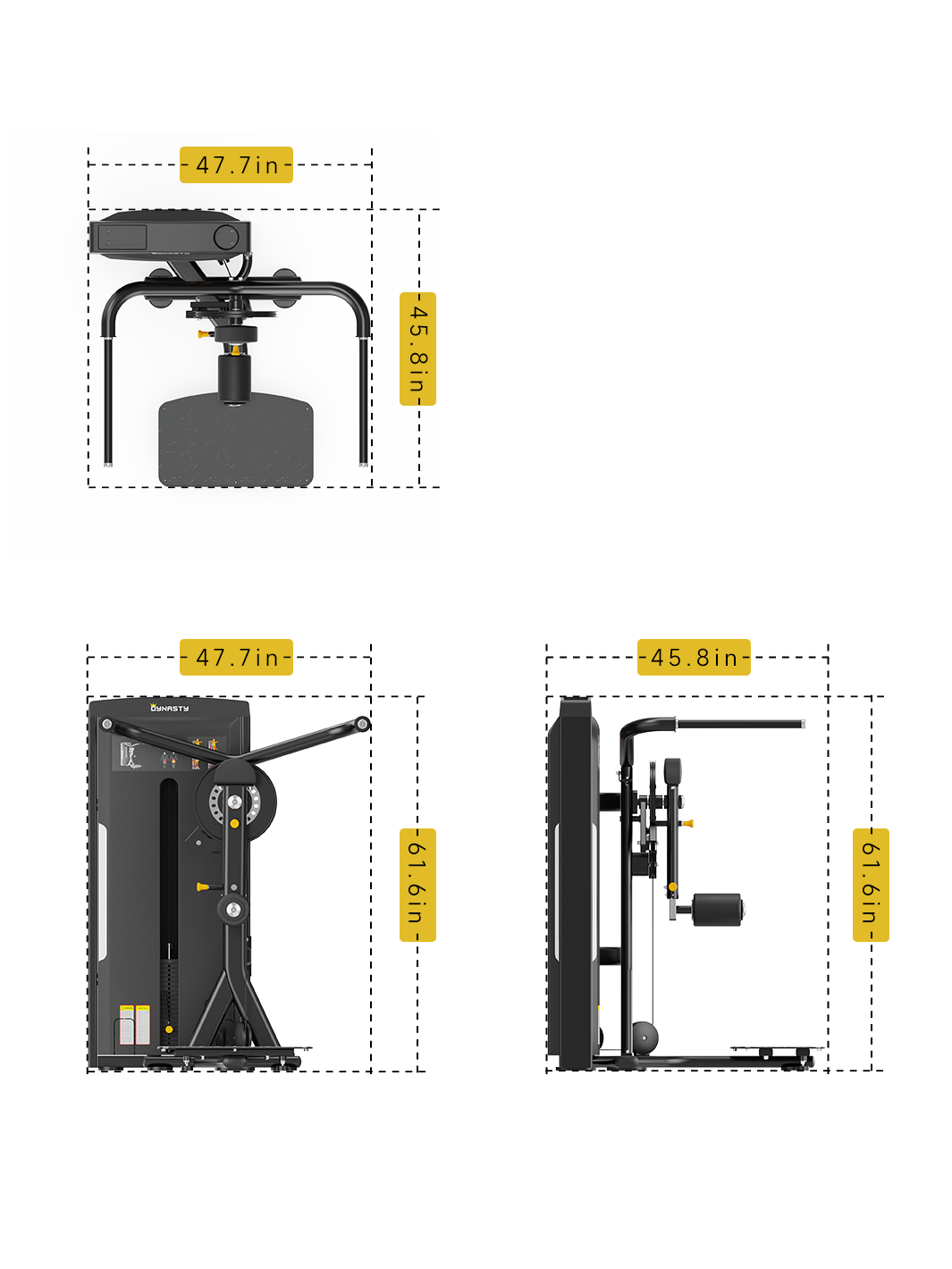 Dynasty Multi Hip dimensions: top, front, and side views with labeled measurements.