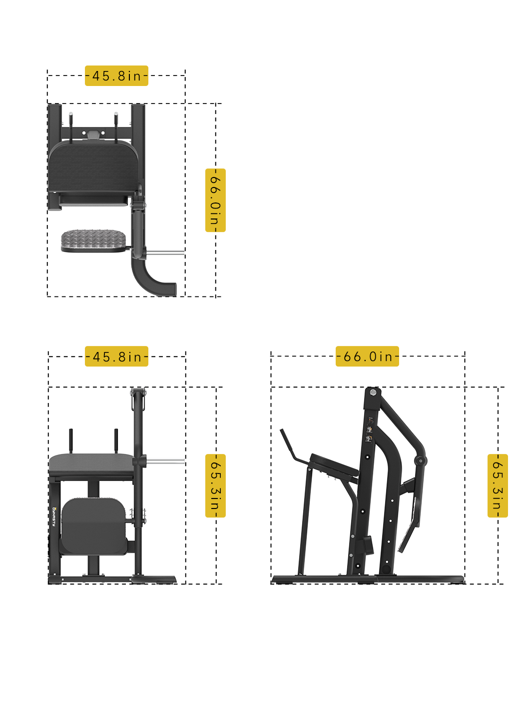 DSH007 Glute Kick Machine dimensions â€“ 66" L x 45.8" W x 65.3" H.