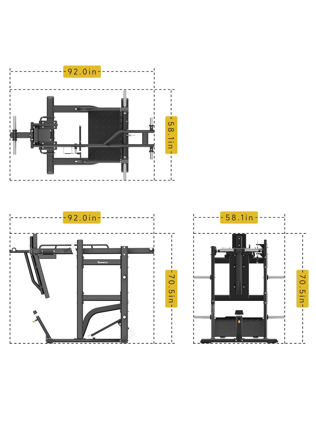 DSH033 Pendulum Squat Machine dimensions â€“ 92" L x 58.1" W x 70.5" H.