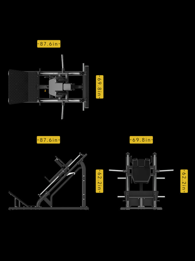 DSH036 Hack Squat Machine dimensions – 87.6" L x 69.8" W x 62.2" H.