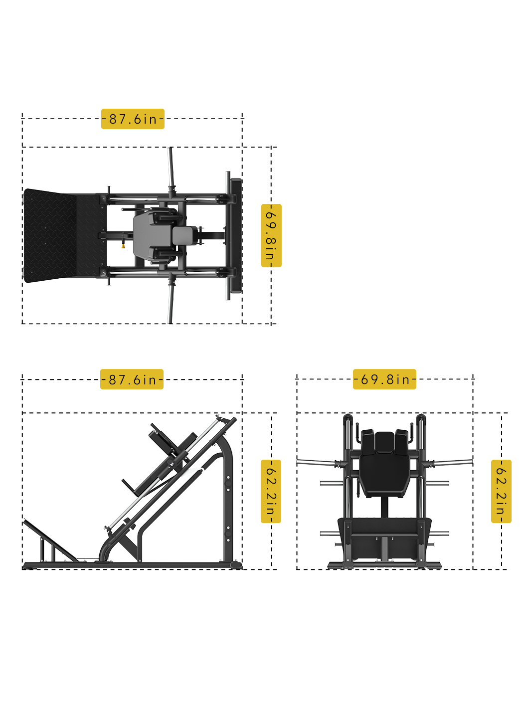 DSH036 Hack Squat Machine dimensions â€“ 87.6" L x 69.8" W x 62.2" H.