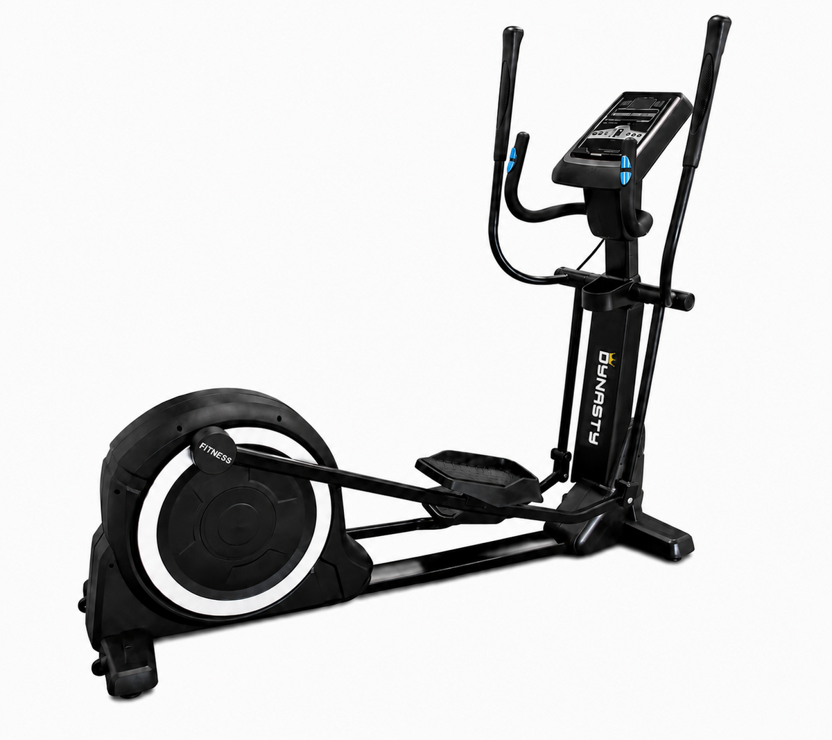 Black elliptical trainer with digital display on a white background