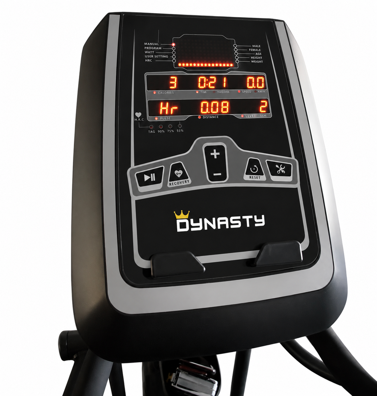 Close-up of a digital display panel on an exercise machine with 'Dynasty' branding.