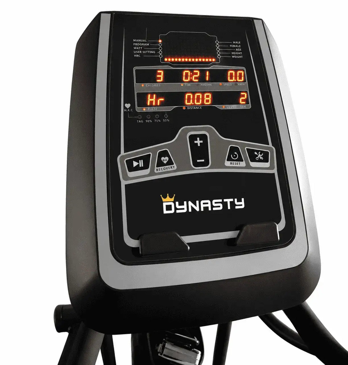 Close-up of a digital display panel on an exercise machine with 'Dynasty' branding.