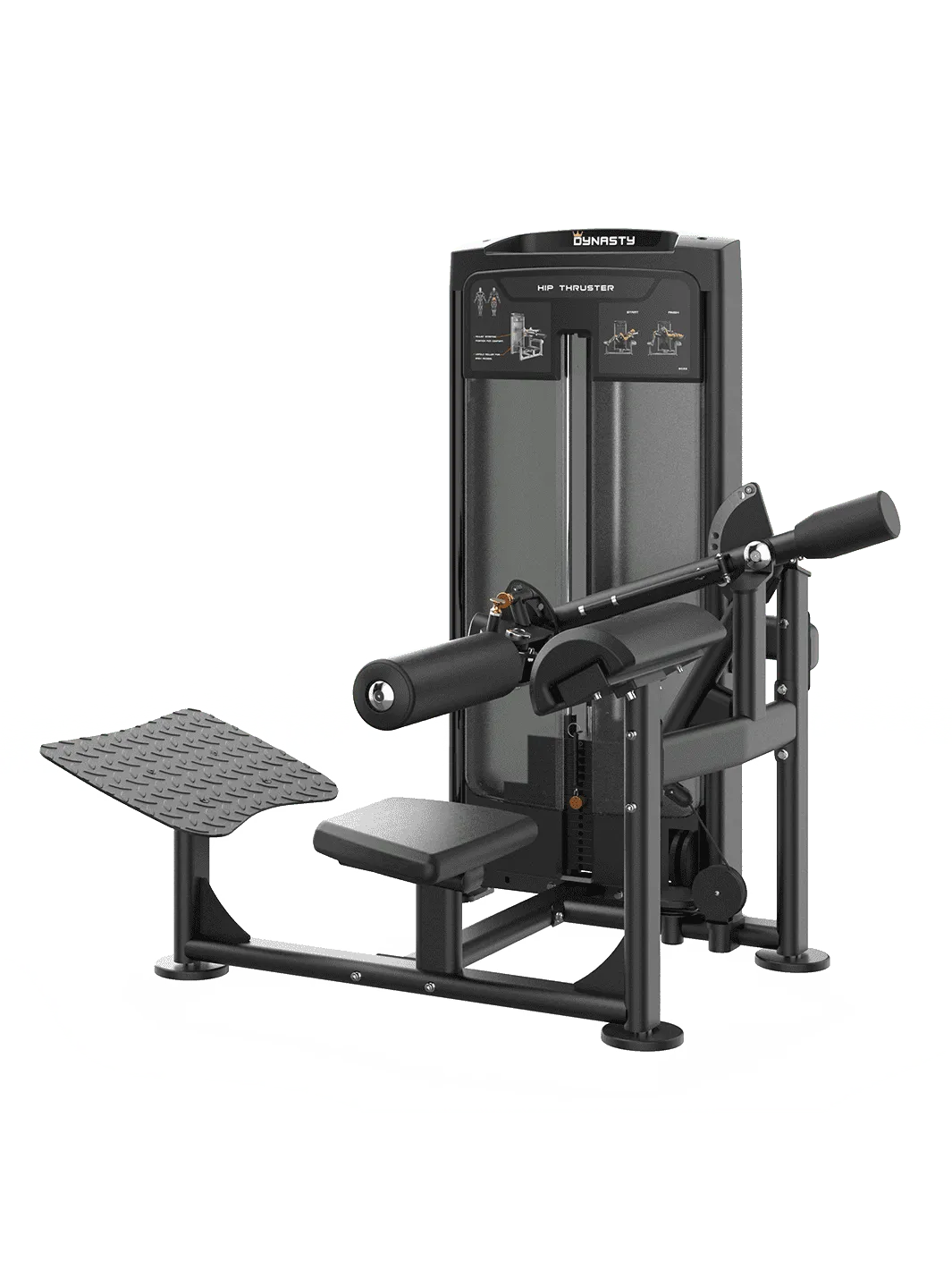 Dynasty Glute Drive with textured footplate, adjustable arm, black padded seat, front.
