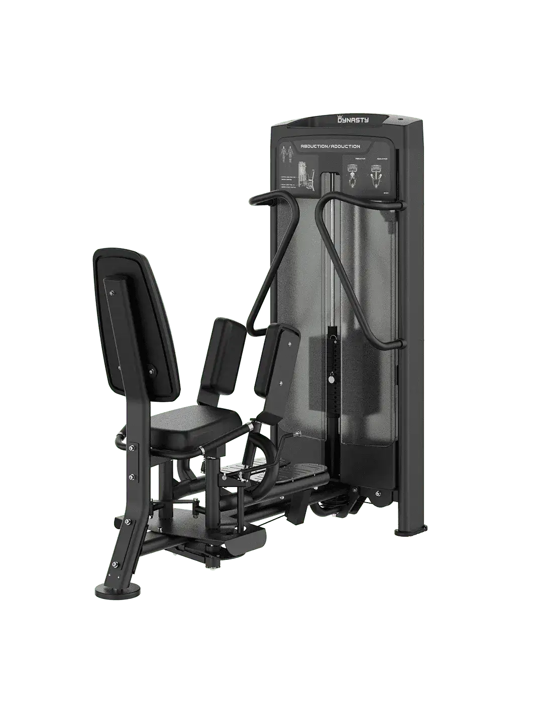 Dynasty Hip Abductor Adductor machine, black, with handles, adjustable pads, side view.