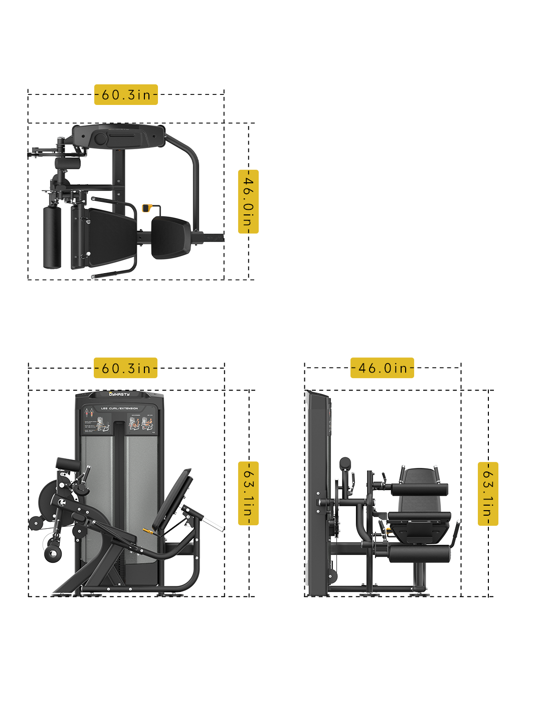 DRE8025 Leg Curl & Extension Machine dimensions 60.3" L x 46" W x 63.1" H.