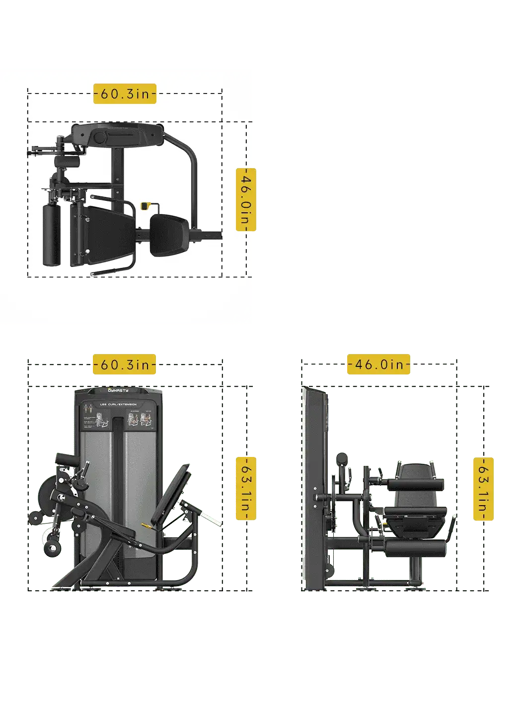 DRE8025 Leg Curl & Extension Machine dimensions 60.3" L x 46" W x 63.1" H.