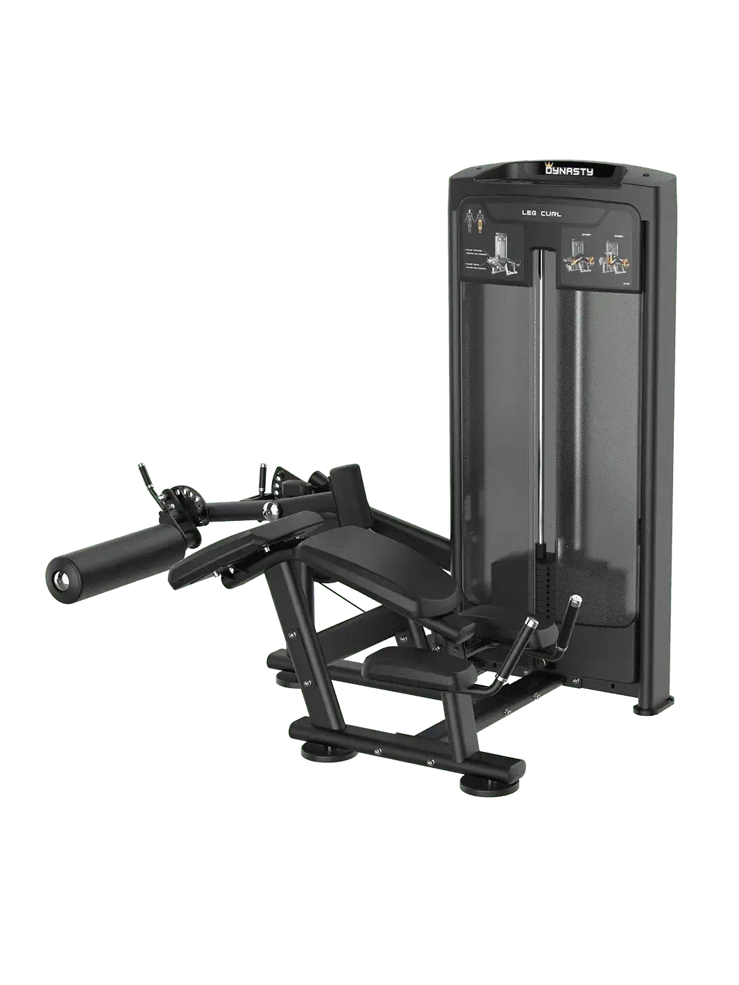 Dynasty Prone Leg Curl machine, black, angled view with adjustable arm.