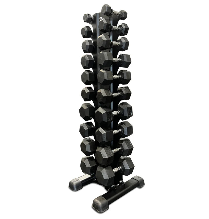Rubber Hex Dumbbells 5LB-50LB With Vertical Rack VDBR550
