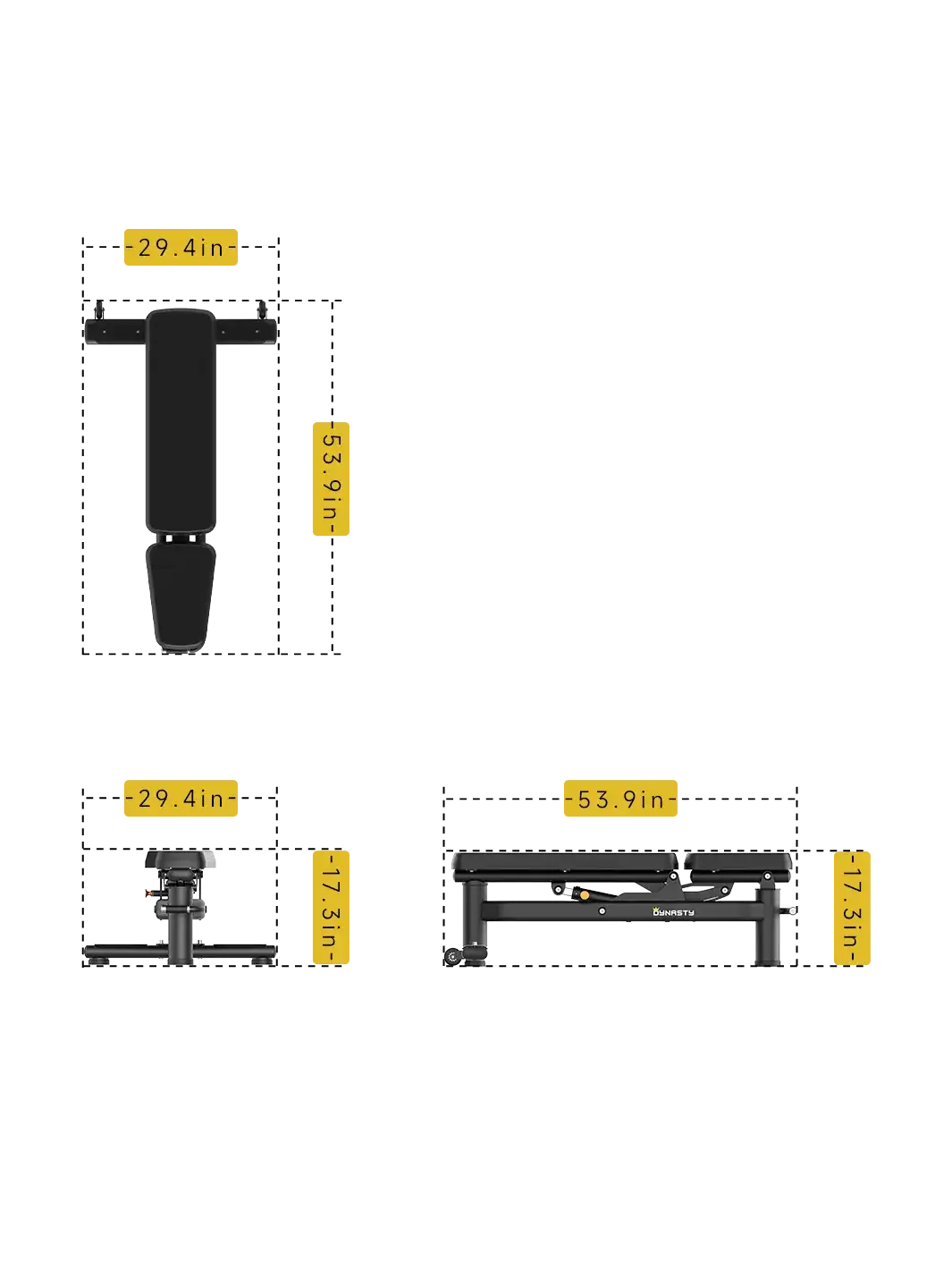 DRE6016 Adjustable Workout Bench dimensions â€“ 53.9" L x 29.4" W x 17.3" H.