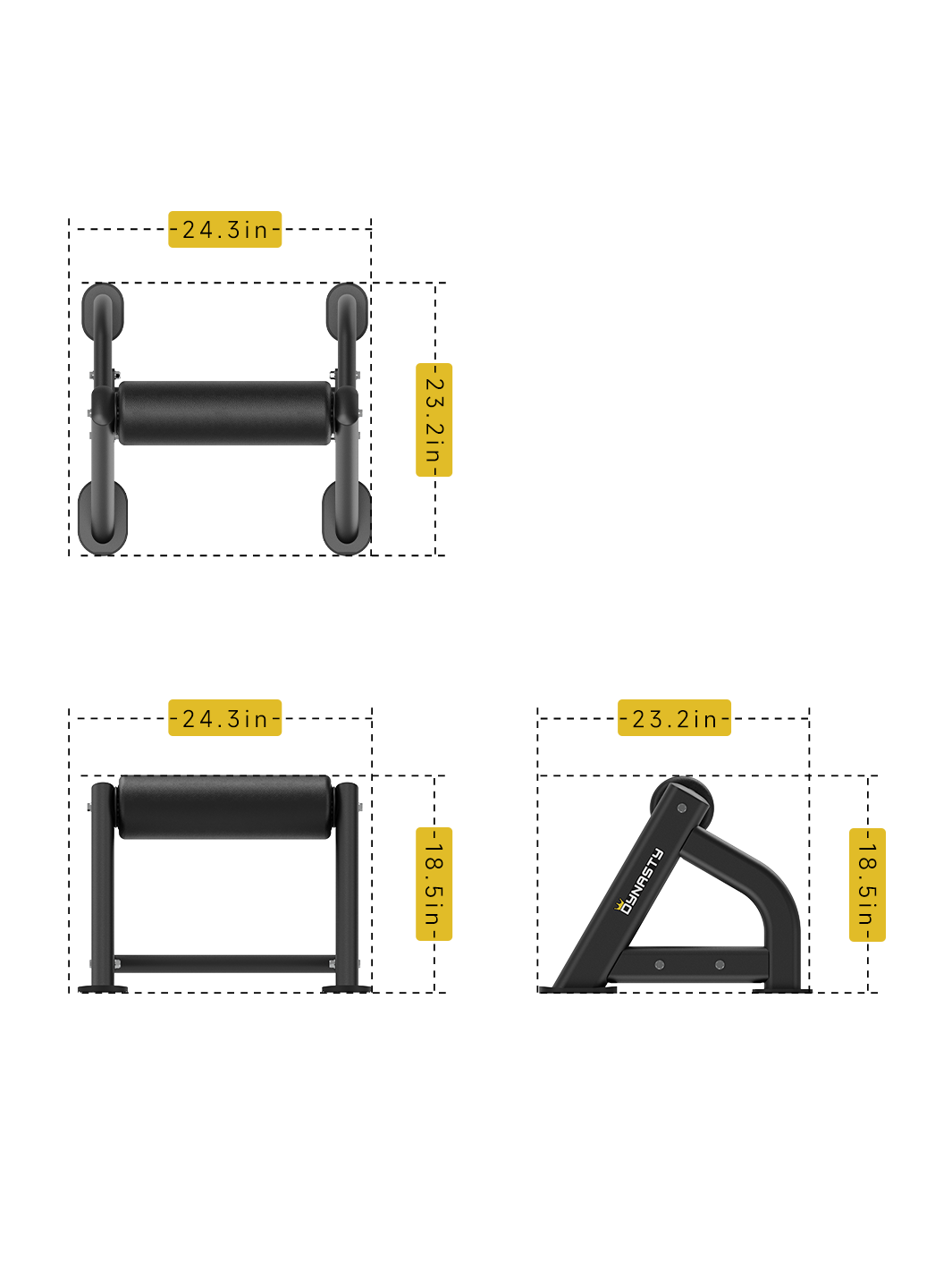DDR040 Bulgarian Split Squat dimensions â€“ 23.2" L x 24.3" W x 18.5" H.