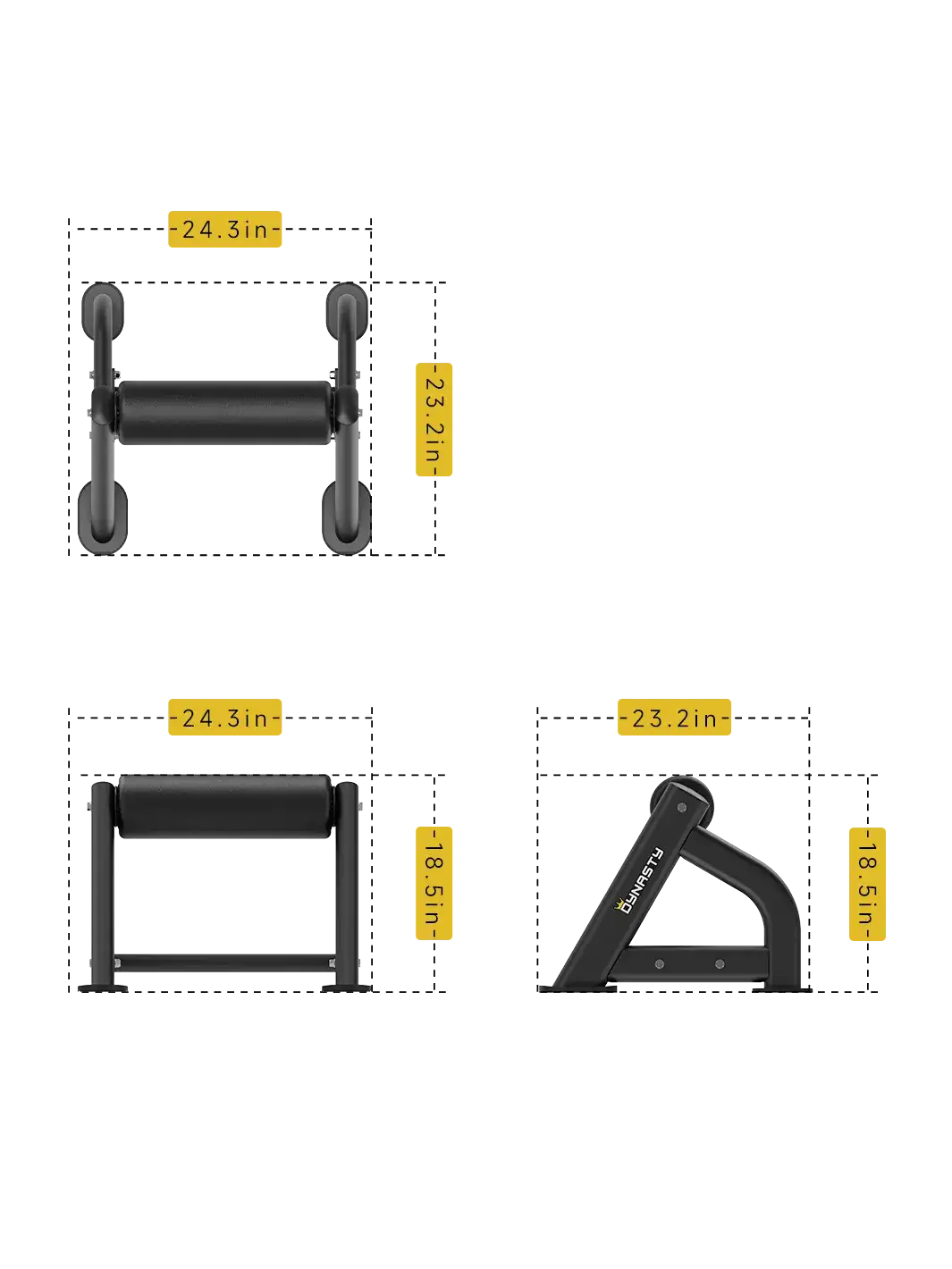 DDR040 Bulgarian Split Squat dimensions â€“ 23.2" L x 24.3" W x 18.5" H.