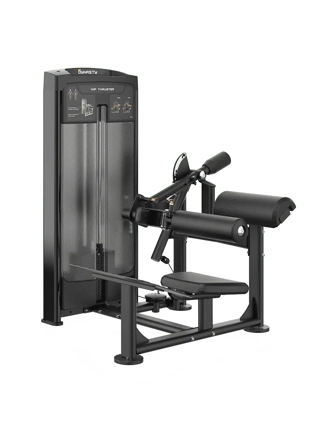 Dynasty Glute Drive machine, black, with adjustable arm and padded seat, front view.