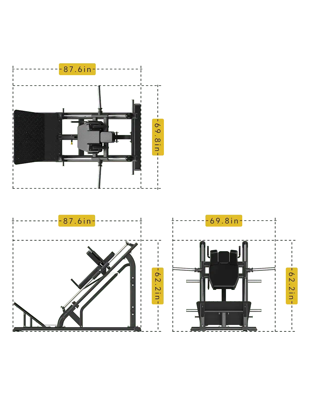 DSH036 Hack Squat Machine dimensions â€“ 87.6" L x 69.8" W x 62.2" H.