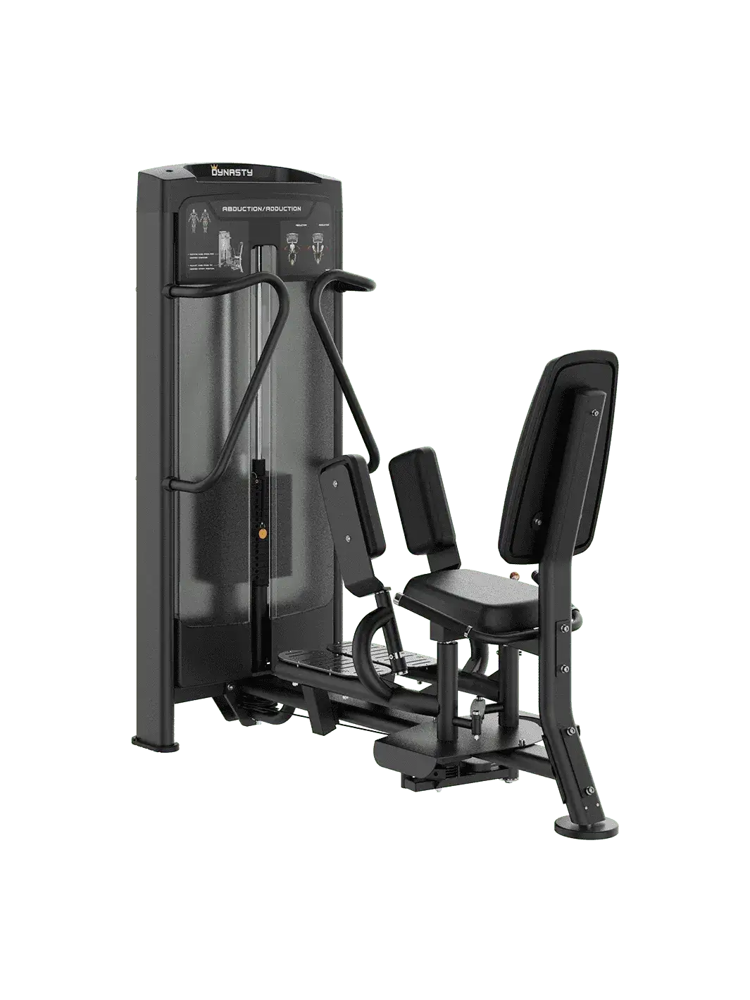Dynasty Hip Abductor Adductor machine, black, with adjustable leg pads, front view