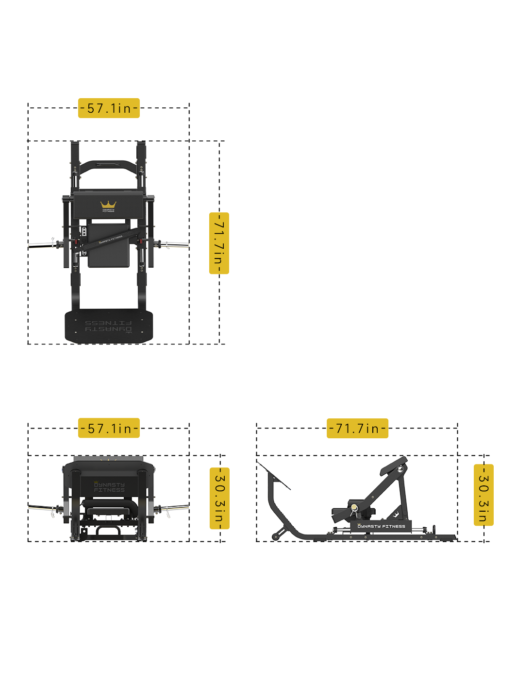 DPB401 Machine Hip Thrust dimensions â€“ 71.7" L x 57.1" W x 30.3" H.
