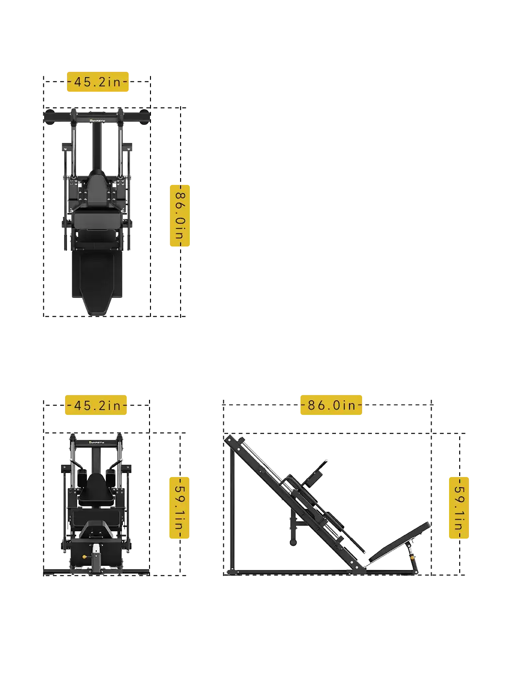 DDR003 Leg Press/Hack Squat dimensions â€“ 86" L x 45.2" W x 59.1" H.