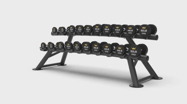 Load video: Urethane Dumbbells 5-100lb With Saddle Rack UDBR5100
