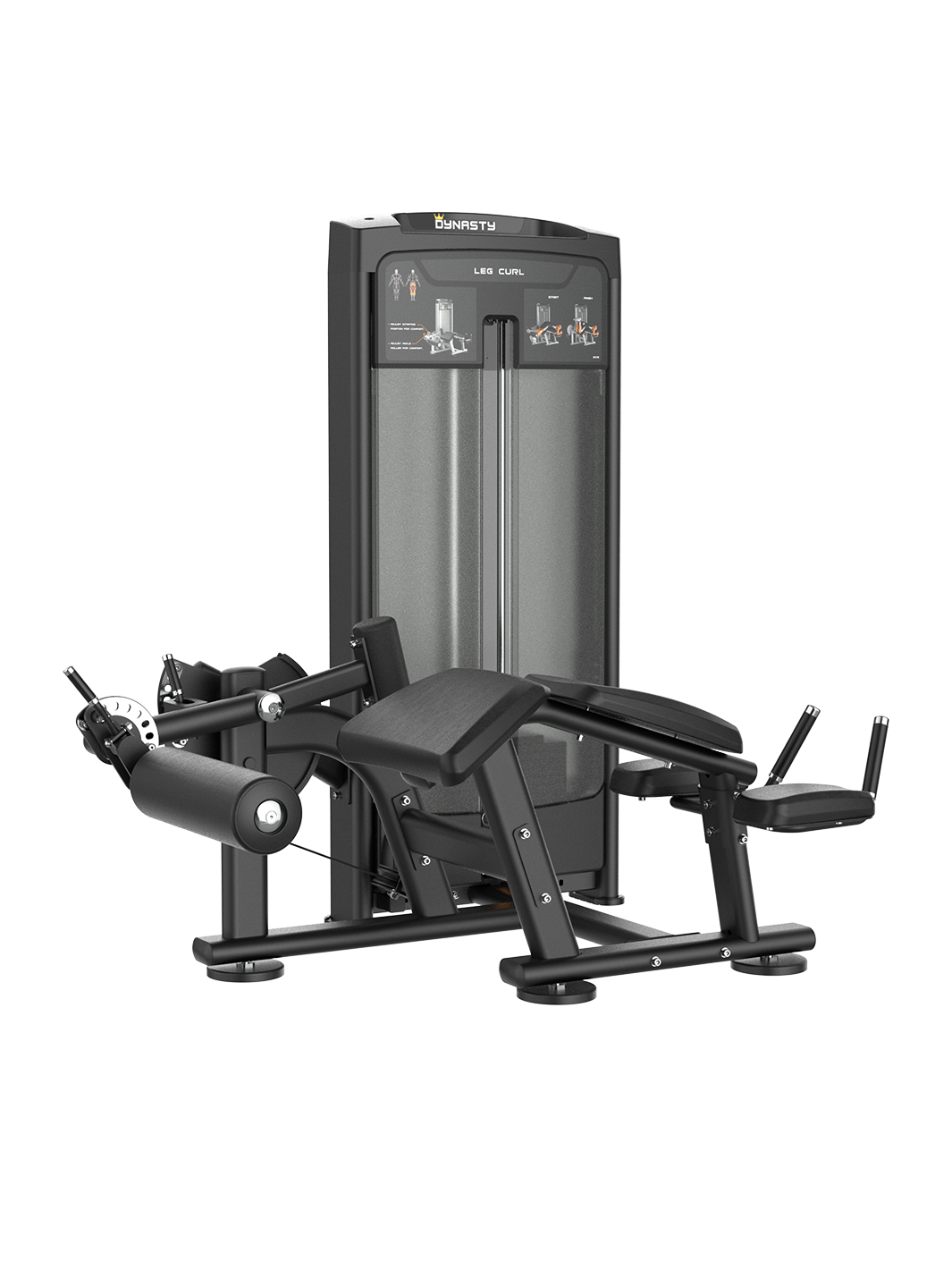Dynasty Prone Leg Curl machine, black, with padded leg rests, front view.