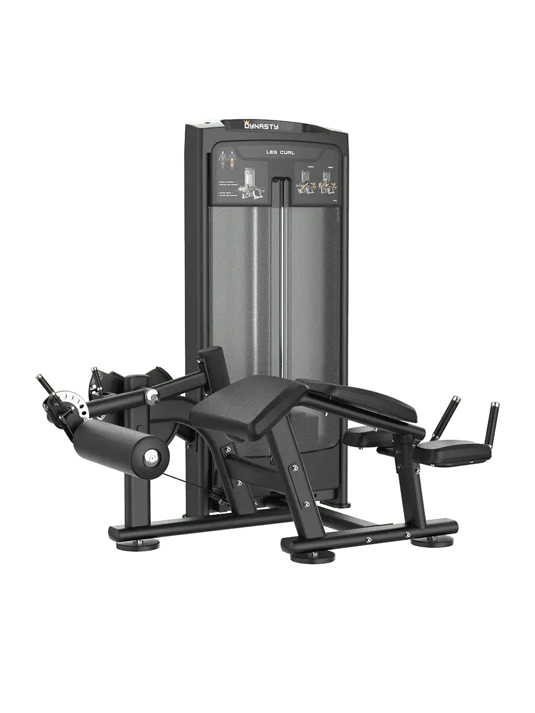 Dynasty Prone Leg Curl machine, black, with padded leg rests, front view.