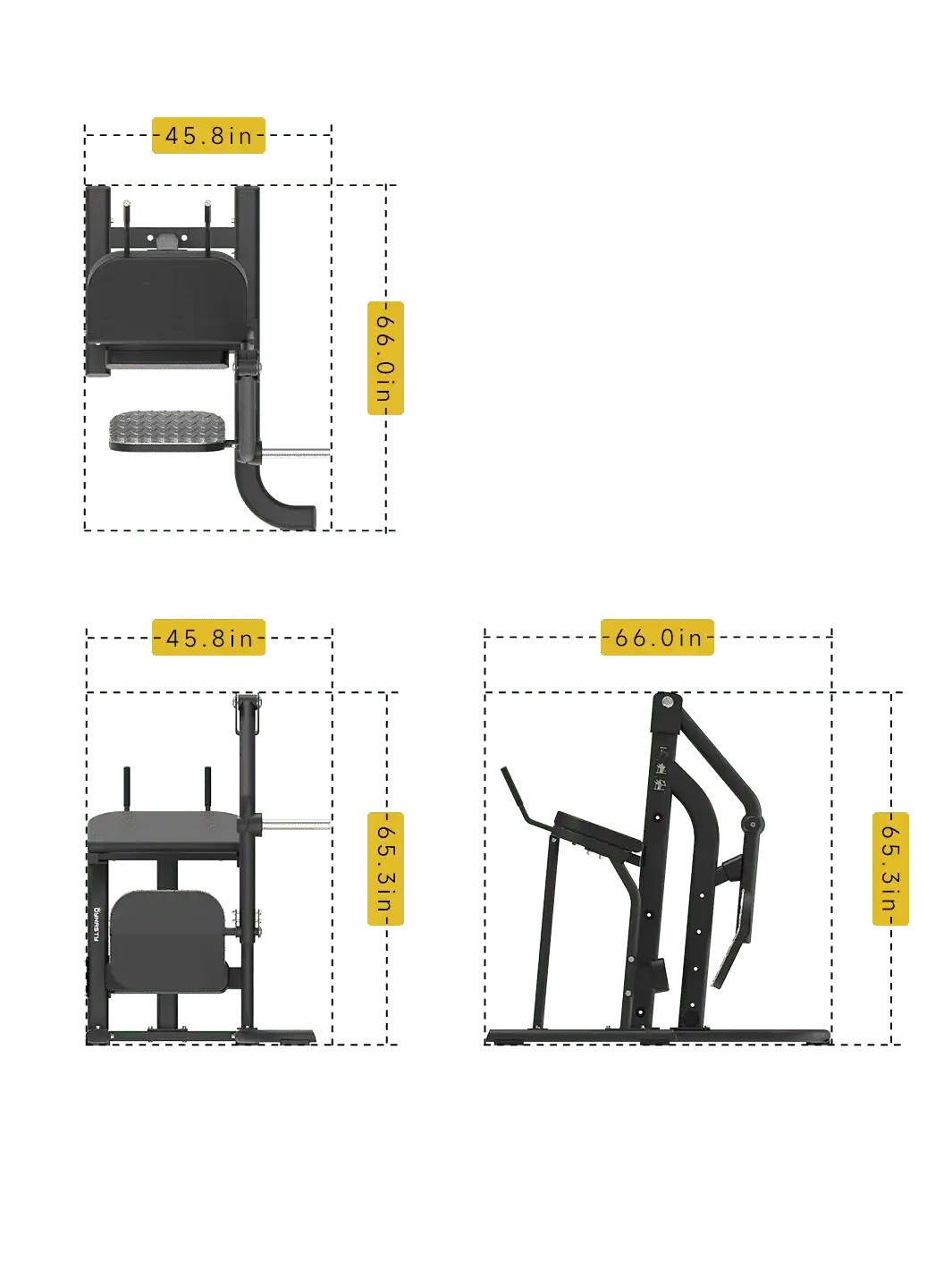 DSH007 Glute Kick Machine dimensions â€“ 66" L x 45.8" W x 65.3" H.