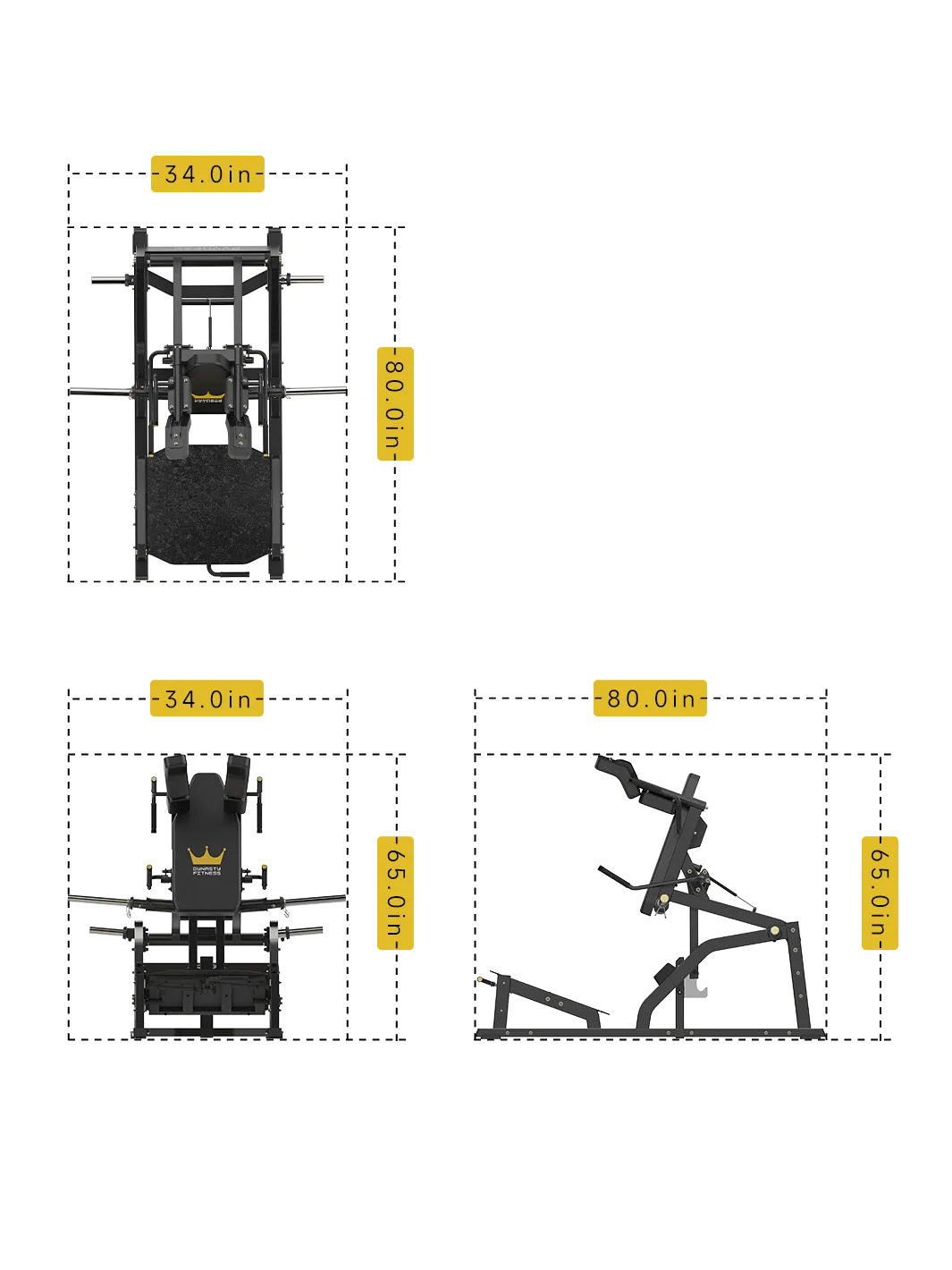 DPB311 V Squat Machine dimensions â€“ 80" L x 34" W x 65" H.